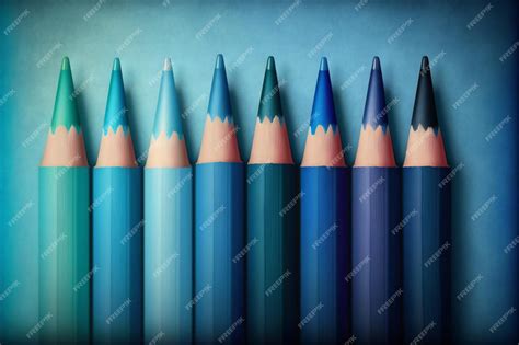 Premium Photo | A row of different blue crayons on blue background ...