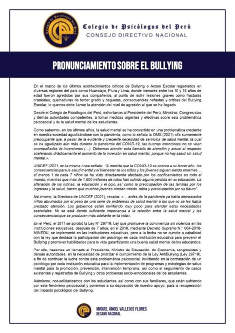 PRONUNCIAMIENTO Colegio de Psicólogos del Perú CDCP