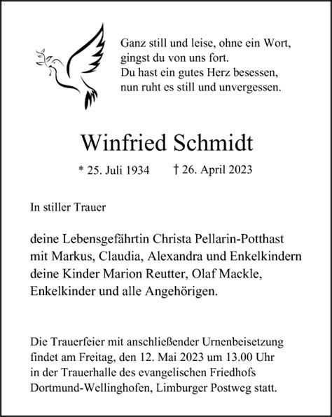 Traueranzeigen Von Winfried Schmidt Trauer In Nrw De