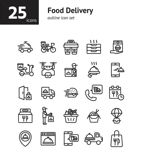 Food Delivery Outline Icon Set Burger App Package Vector Burger App