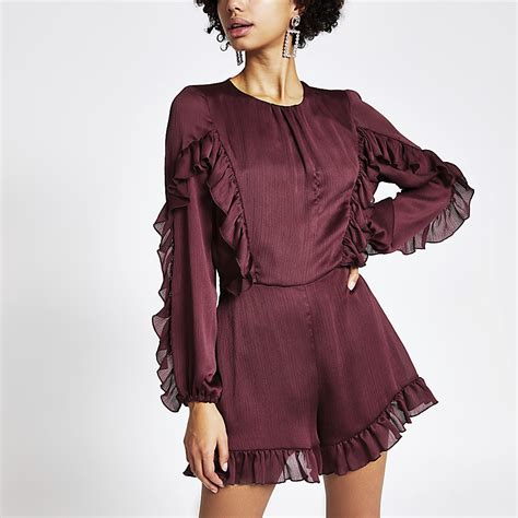 Red Long Sleeve Ruffle Satin Playsuit River Island