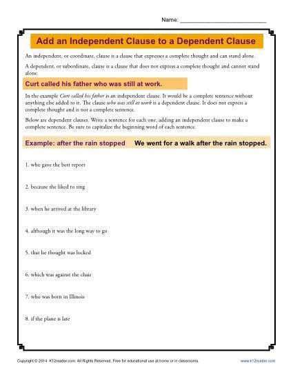 Add An Independent Clause To A Dependent Clause Grammar Worksheets In 2021 Dependent Clause