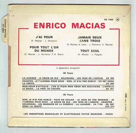 Enrico Macias Vinyl 45 RPM J Ai Fearless Jamais 2 Sans 3 GOLD Monde