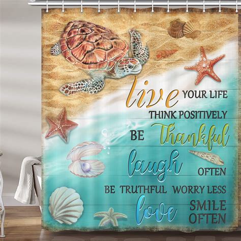 Sea Turtle Shower Curtain Summer Ocean Beach Wooden Fabric Shower