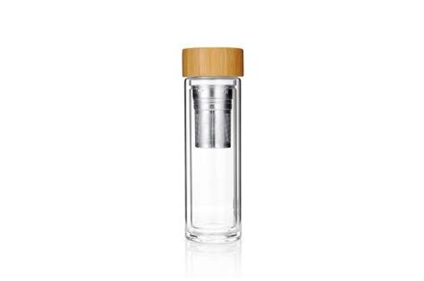 400ml Bamboo Lid Double Wall Borosilicate Glass Water Bottle With Tea