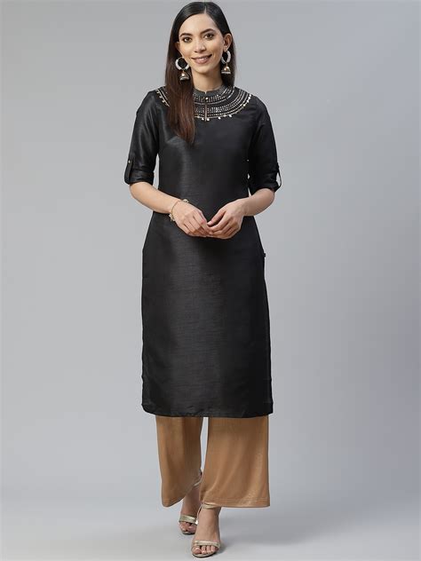 Buy W Women Black Solid Sequinned Detail Kurta Kurtas For Women 11234186 Myntra