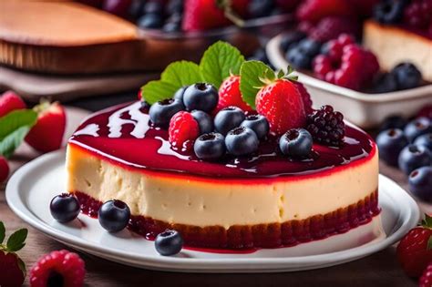 Premium Photo Cheesecake With Berries And Raspberries On A Plate