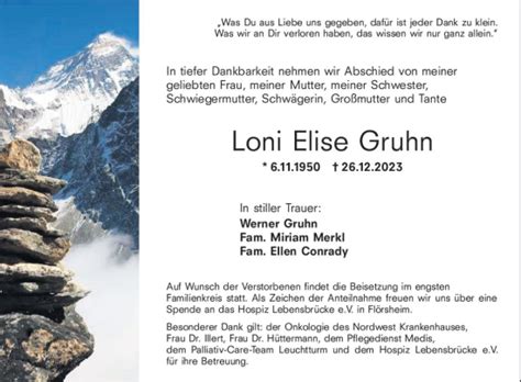 Traueranzeigen Von Loni Elise Gruhn Vrm Trauer De