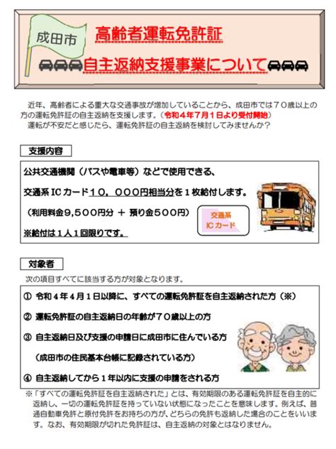 成田市議会議員 眞野義行 ＜高齢者運転免許証自主返納事業支援＞