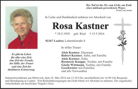 Traueranzeigen Von Rosa Kastner Mittelbayerische Trauer