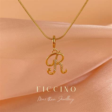 FICCINO 18k Gold Plated Titanium Steel Initial Necklace Handwriting