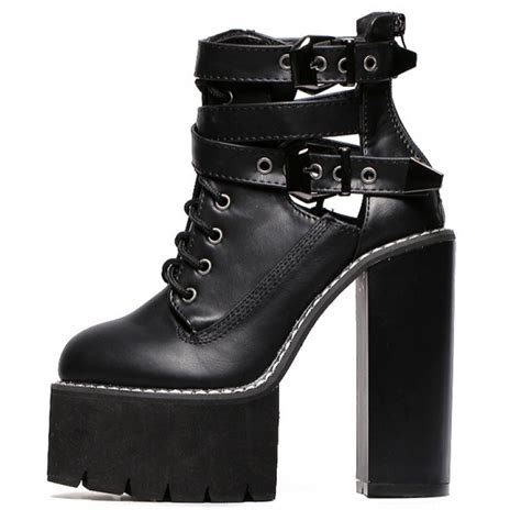 Black Gothic Punk Rock Straps Chunky Sole Block High Heels Platforms