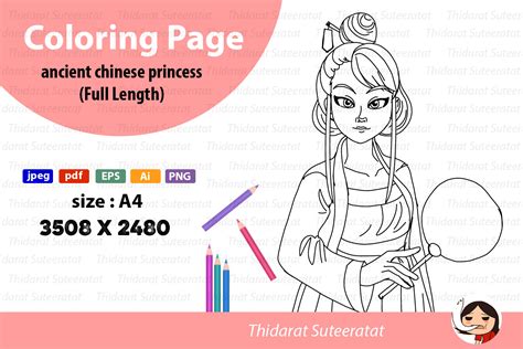 Ancient Chinese Princess Coloring Page Graphic By Thidarat Suteeratat