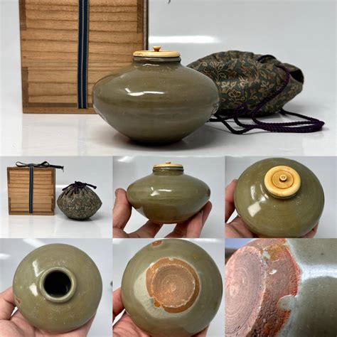 【やや傷や汚れあり】時代物 旧家整理品 古陶磁 元～明朝期 天龍寺青磁 茶入れ 古物保証 無傷と思う 木箱付き（龍泉窯 煎茶道具 中国美術