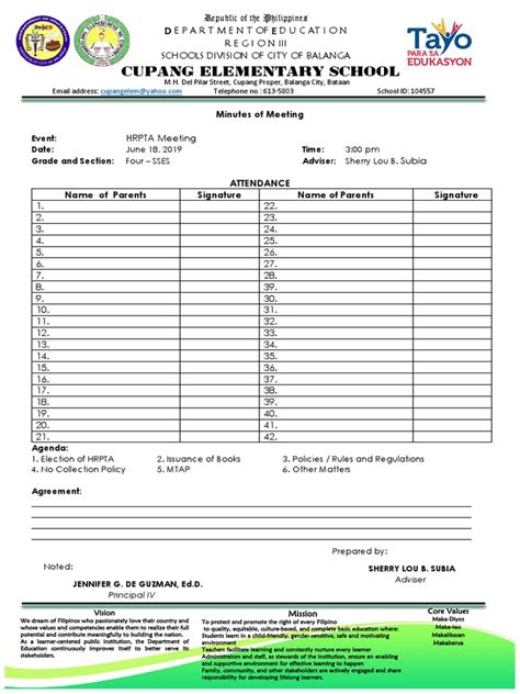 Minutes Of The Hrpta Meeting For Fourth Grade Section Sses At Cupang