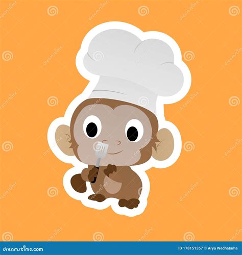 Sticker Of Monkey Chef Carry Spatula Cartoon Cute Funny Character