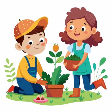 Un niño y una niña están regando plantas con una planta y una chica en