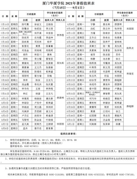 厦门华厦学院2021年暑假值班表（2021年7月15日 9月1日） 厦门华厦学院