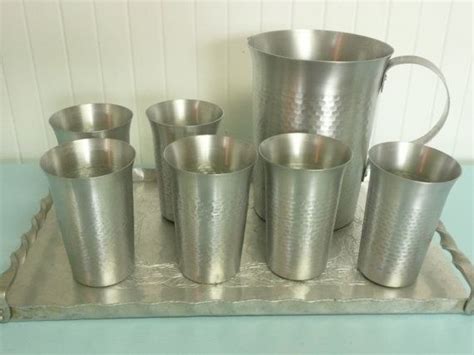 Vintage Hammered Aluminum Matching Set Nasco Italy Water Pitcher With Six Drinking Glasses