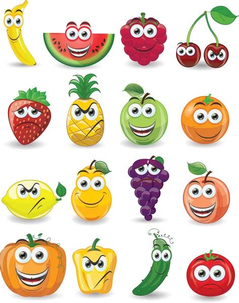 Cartoon Fruits And Vegetables With Different Emotions Stock Vector