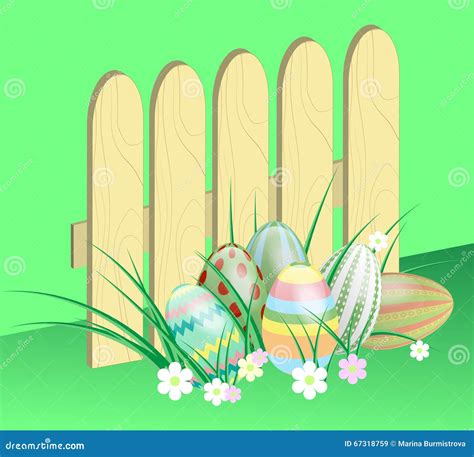 Sechs Ostereier Im Grasbretterzaun Vektor Abbildung Illustration Von