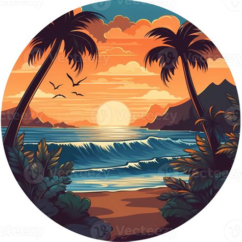 Beach Illustration Round Sticker Artwork 27189873 Png