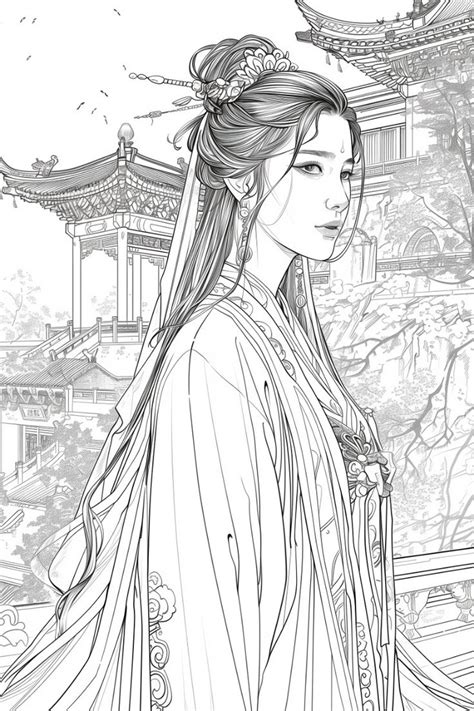 Graceful Asian Princess Coloring Page For Adults In 2024 Coloring