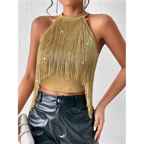 Fringe Sparkly Halter Crop Top Gold Blusas Femininas Remodelando