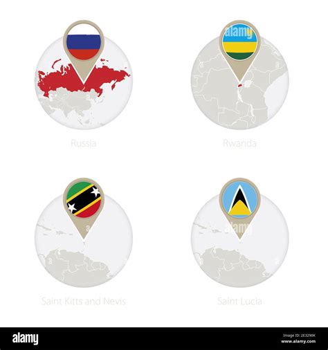 Russia Rwanda Saint Kitts And Nevis Saint Lucia Map And Flag In