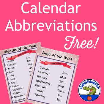 a pink poster with the words calendar abbreviations free