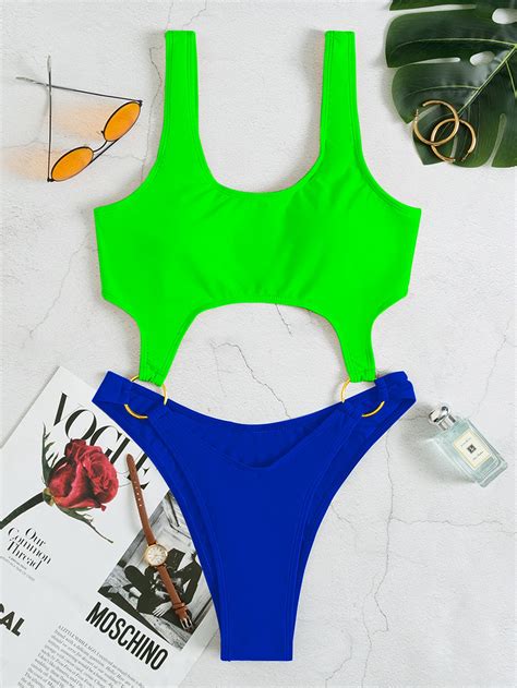 Colorblock Cut Out Ring Linked One Piece Swimsuit Shein Uk