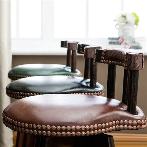 Luxury Retro Rustic Swivel Bar Stool Leather Wood Bar Stool with Back ...