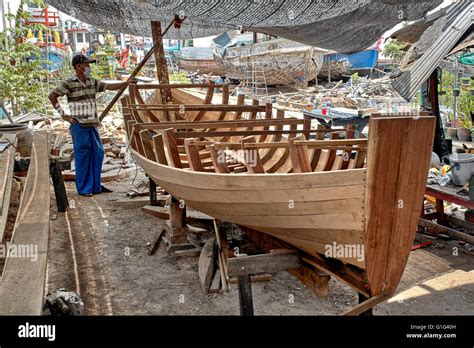 Thailand Boat Builder Craftsman Building A Traditional Wooden Boat