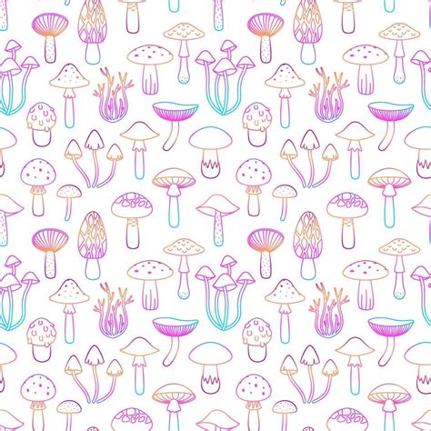 Seamless Pattern Colorful Outline Mushrooms Retro Hippie Style