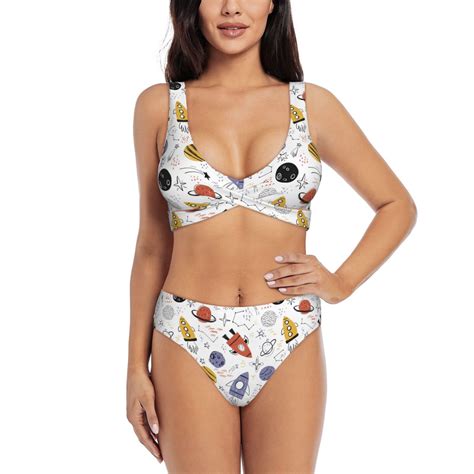 Rocae Rocket Planets For Bikini Set For Women Two Piece Sexy High Swimsuits Split Crossover