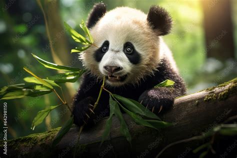 Cute baby panda eating bamboo Stock Photo | Adobe Stock