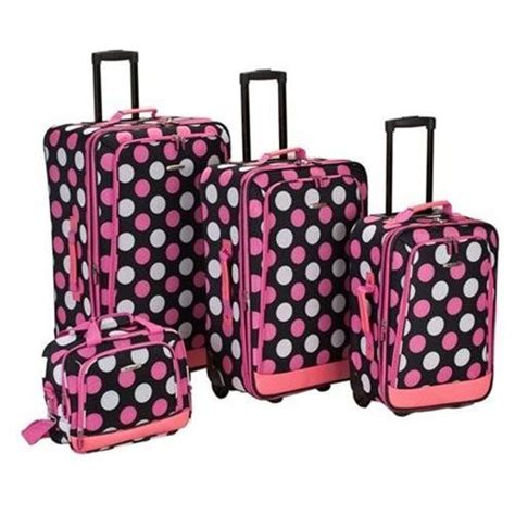 Rockland Deluxe 4 Piece Expandable Polka Dot Luggage Set Pink Polka