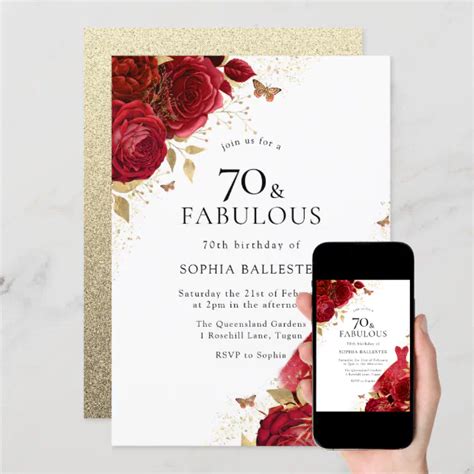 Red Dress And Roses Gold Glitter 70th Birthday Invitation Zazzle