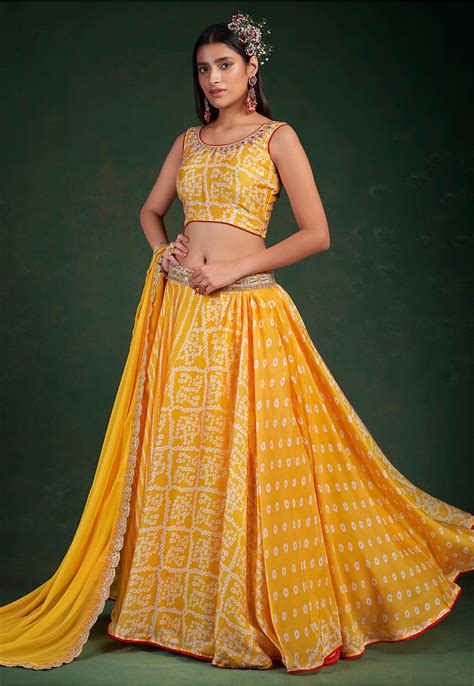 Buy Bandhej Printed Chinnon Chiffon Lehenga In Mustard Online Lyc