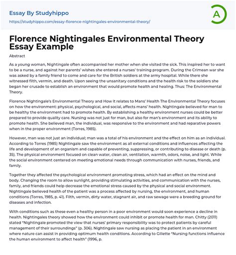 Florence Nightingales Environmental Theory Essay Example | StudyHippo.com