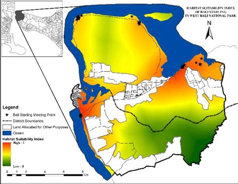 Habitat suitability index map of Bali starling in West Bali National ...