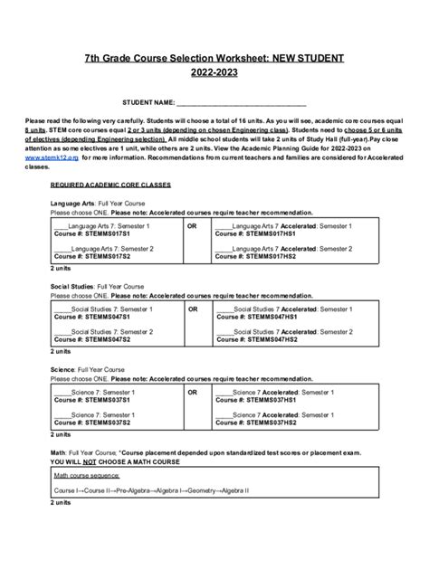 Fillable Online New Th Grade Student Course Selection