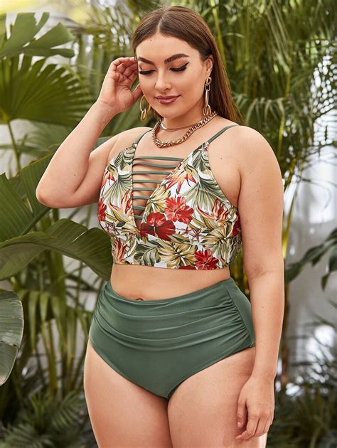 Shein Swim Vcay Plus Tropical Bikini Set Ladder Cut Out Cami Top