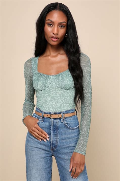 Sage Floral Bodysuit Mesh Floral Bodysuit Sage Green Top Lulus