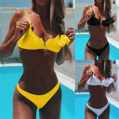 Sumptuous Women Swimwear Bikini Set Zipper Push Up Padded Bathing