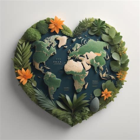 Premium Photo A Heart Shaped World Map Made Of Leaves And Flowers