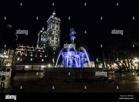 Zocalo Puebla Mexico, principal square at night in a Mexican Colonial ...