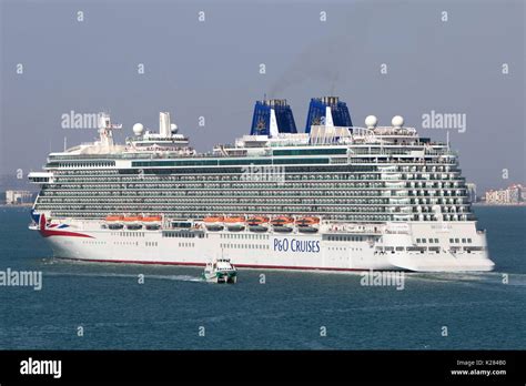 MV Britannia cruise ship of the P&O Cruises fleet setting sail from Cádiz city and port in south ...