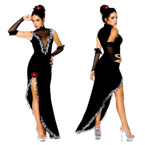 Vocole Sexy Flamenco Dance Dress Costume Black V Neck Halloween Gypsy Girl Fancy Dress Cosplay