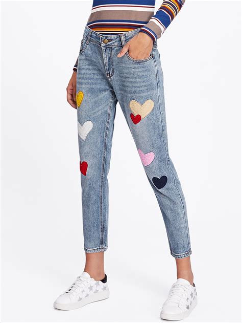 Heart Embroidered Patches Jeans EmmaCloth-Women Fast Fashion Online